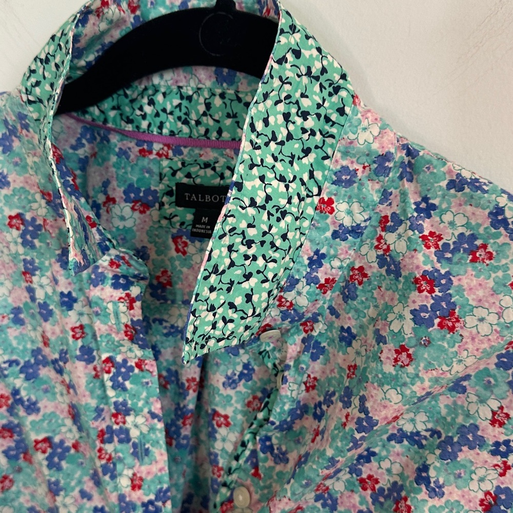 Talbots Aqua Ditsy Floral Button Front Shirt, 100% Cotton, Size Medium - Picture 8 of 8
